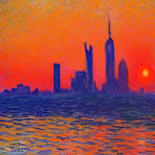 Prompt: Art Nouveau skyline of New York City hudson bay by monet at golden hour sunset