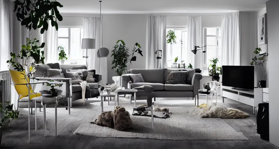 Prompt: IKEA catalogue photo of a living room by Wayne Barlow