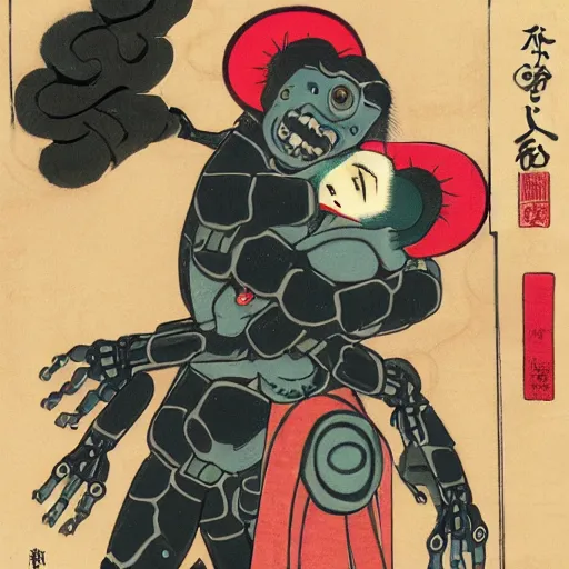 Image similar to a robot and a zombie hugging, shunga style, ukiyo - e art, artstation