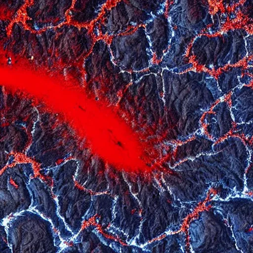 Image similar to a picture of an alien planet, taken from orbit, dark blue planet, red narrow lava rivers, astronomical imaging