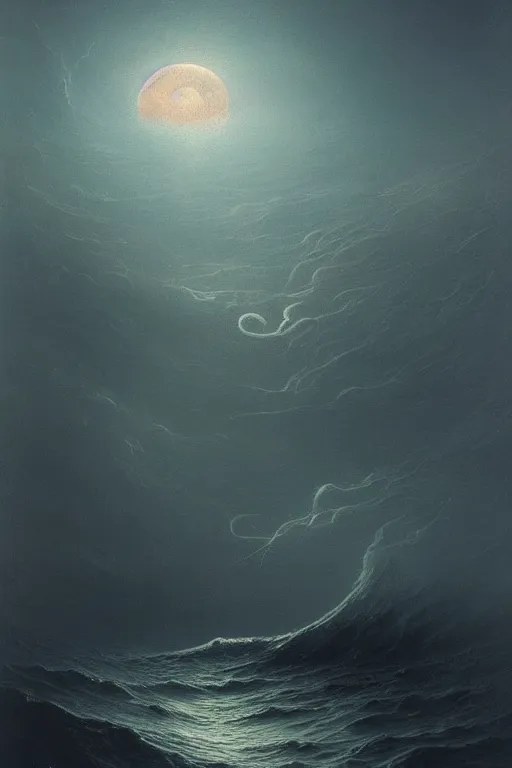 Image similar to A stunning detailed Shoggoth by Zdzisław Beksiński and Ivan Aivazovsky, stormy ocean, beautiful lighting, full moon, detailed swirling water tornado, artstation