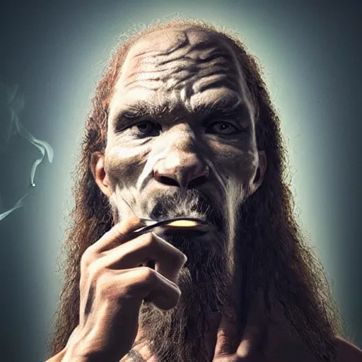 Prompt: realistic photo portrait of a prehistoric man smoking weed, volumetric lights, trending on artstation, studio photo, intricate details, highly detailed