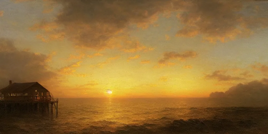 Image similar to sunset over a wooden cabin on the coast in the distance, sea, oil painting, very detailed, colorful, cinematic lighting, albert bierstadt, trending on artstation