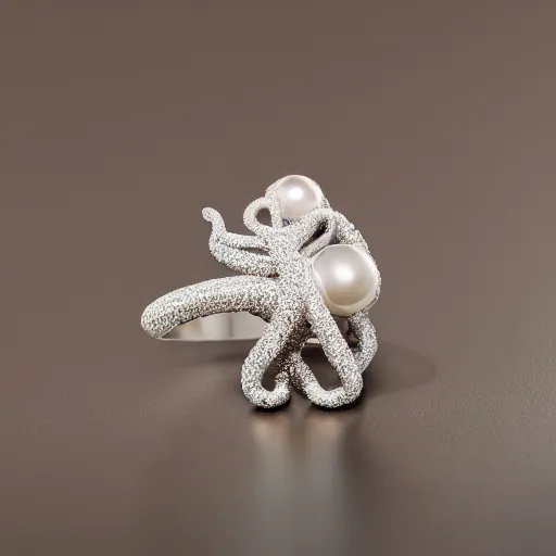 Image similar to hd photo of a diamond futuristic ring with tentacles and pearls by cartier, denoise, deblur