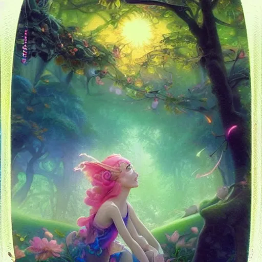 Image similar to 🧚‍♀️✨🌳🧚‍♀️, Polaroid candid, by Lisa Frank by Peter Mohrbacher by Artgerm by Ferdinand Knab by Alena Aenami by Dave LaChapelle