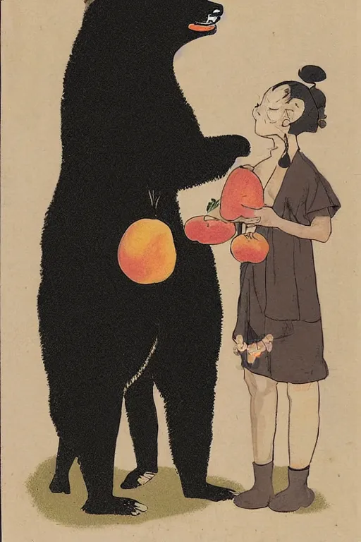 Image similar to a girl gives a peach to a large anthropomorphic asian black bear, in the style of foujita tsuguharu