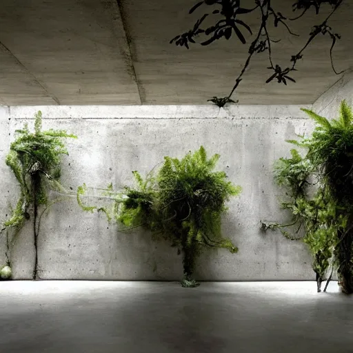 Prompt: an abandoned room in a concrete building, modern design, art deco, few overgrown plants, dreamy, overcast, by hans bellmer