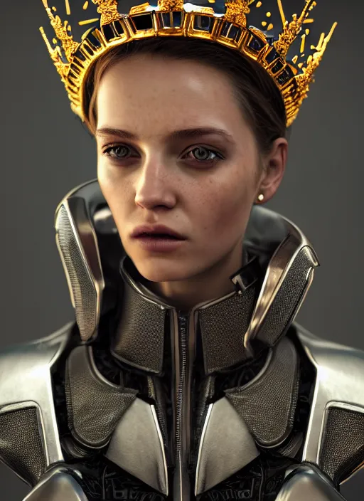 Image similar to 3 / 4 portrait, emma bot queen, crown, futuristic fashion clothing, brunette, long hair, id magazine, hyperrealism, detailed textures, photorealistic, 3 d cyberpunk apocalyptic city, ultra realistic, cinematic, intricate, cinematic light, unreal engine 8 k, octane render, unreal engine, david kostic, artgerm