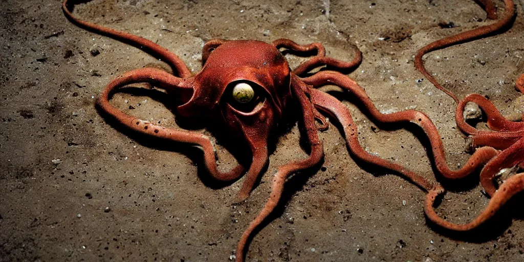 Image similar to a widescreen photo of a old rusty octopus, in a dark alley, low light, by steve mccurry