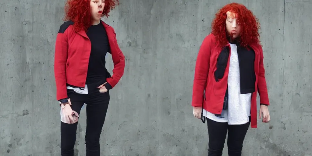 Image similar to man, red hair, black jacket, curly hair, fullbody, Caucasian, short hair,