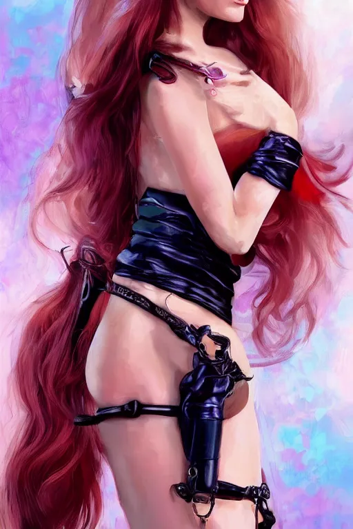 Image similar to mix of beautiful young maria shriver, mariel hemmingway, brooke shields, nicole kidman and elle macpherson as a dominatrix, thin lips, hair tied up in a pony tail, dark blonde hair, colorful, deviantart, artstation, cgsociety