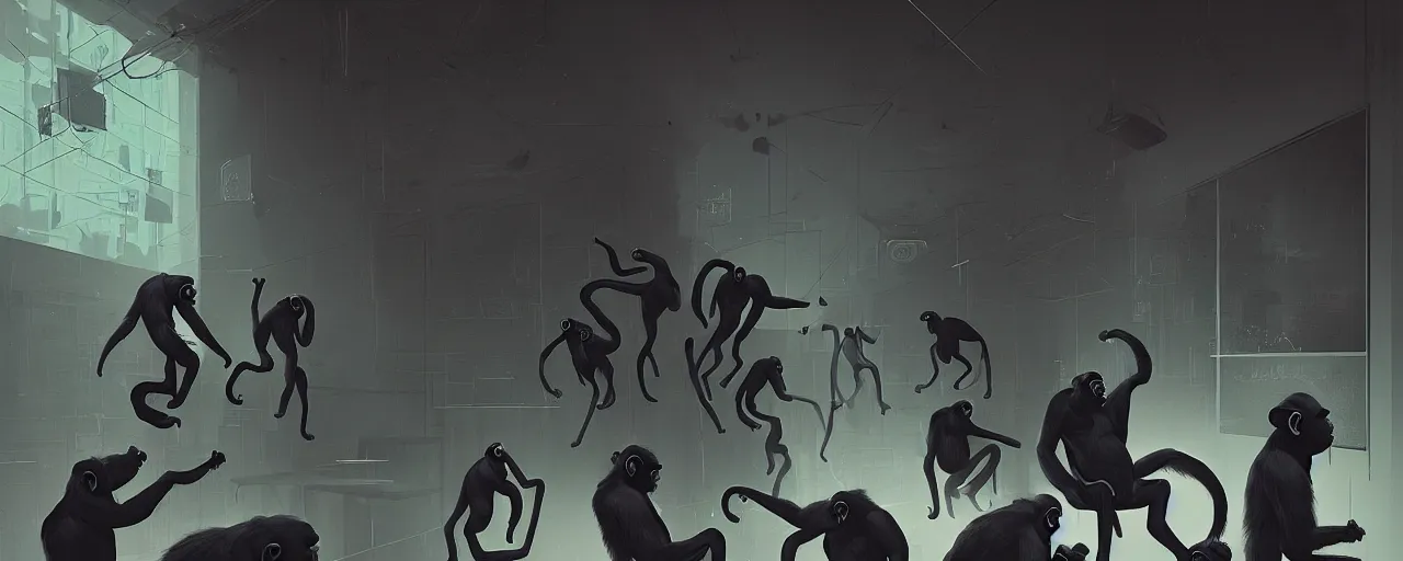 Image similar to duotone noir concept illustration of group wild and crazy chimps ruining inside of office rooms, octane render, concept hideo kojima surreal atmosphere, volumentric lighting. cosmic horror. accidental renaissance. by sachin teng and sergey kolesov and ruan jia and heng z. graffiti art, scifi, fantasy, hyper detailed. trending on artstation