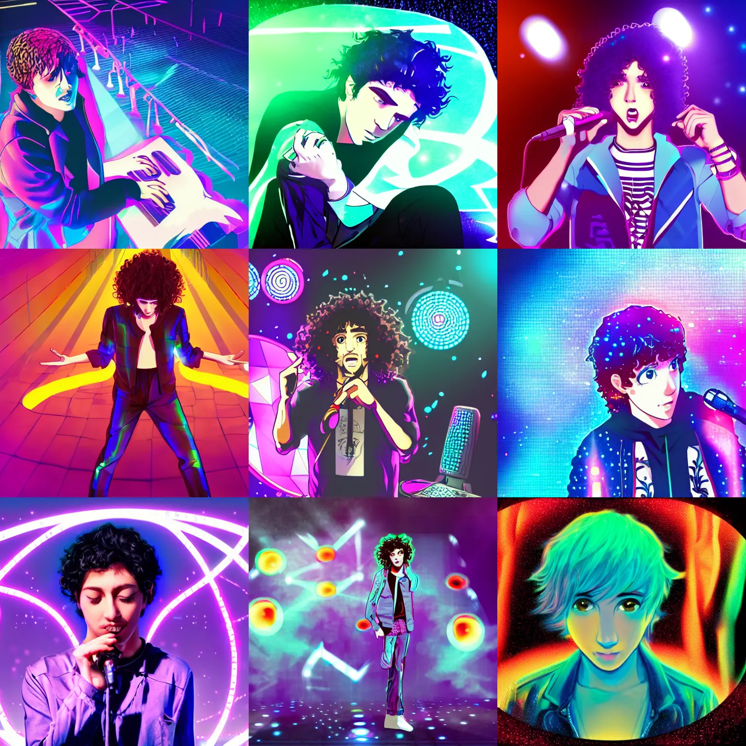 Prompt: a male singer on a stage with curly brown hair and blue eyes, a hologram by yasutomo oka, featured on pixiv, holography, seapunk, anime, glowing lights. vocaloid