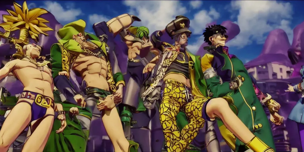 Image similar to jojo's bizarre adventure : golden wind, video game cutscene, unreal engine 5, render, ray tracing