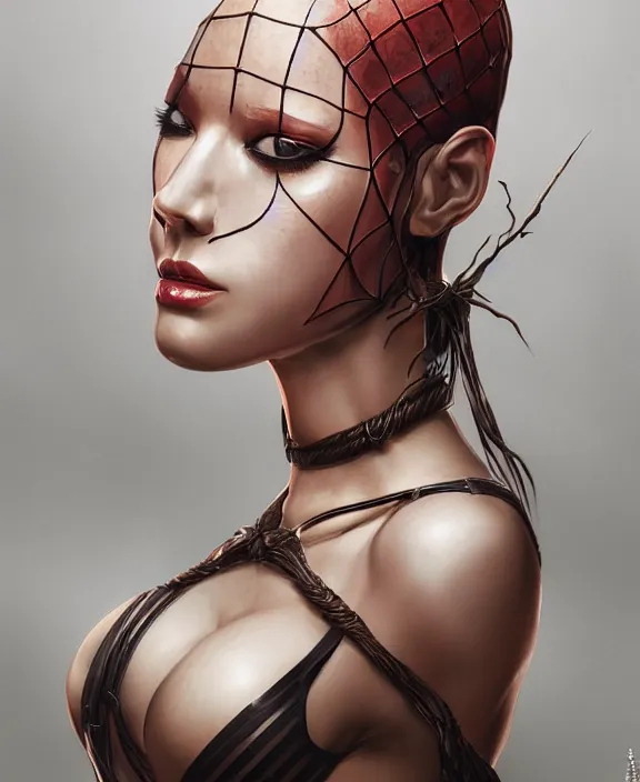 Prompt: a highly detailed portrait of a readhead, intricate latex set, spider, honey birdette, shibari, realistic portrait, deep focus, matte, digital painting, artstation, concept art, smooth, matte, sharp focus, cinematic lighting, art by artgerm and nobuyoshi araki and bianca beauchamp, francisco martan