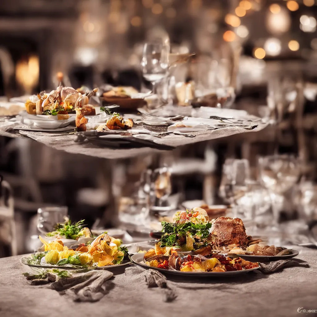 Prompt: afine dining dinner on a table, dynamic lighting, bokeh, carl zeiss 8 5 mm vintage lens, hyper realistic, award winning food photography