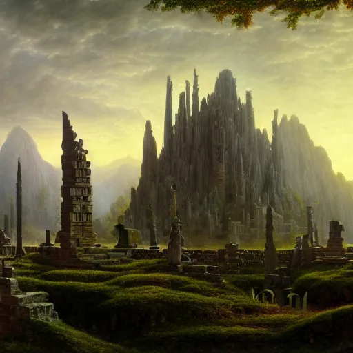 Image similar to a beautiful and highly detailed matte painting of an ancient brick elven temple, epic scale, insanely complex, hyperdetailed, sharp focus, hyperrealism, artstation, cgsociety, 8 k, by caspar friedrich, albert bierstadt, james gurney, brian froud,