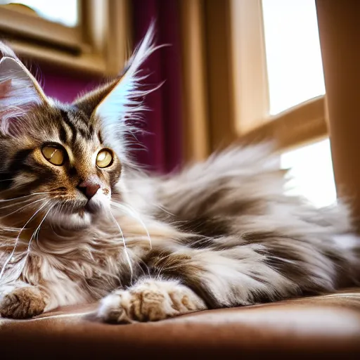 Prompt: portrait cream color maine coon cat curled up, bay window sofa, 8K, 4K, by Antoine Blanchard and Matt Bors, oversaturated lens flair, bokeh, sunbeam