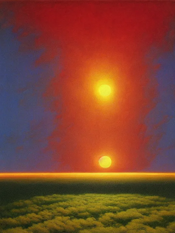 Prompt: A view of the sky from the ground. The sky shows many suns in eclipse, lined up to the horizon. Extremely high details, realistic, fantasy art, solo, masterpiece, saturated colors, colorful, art by Zdzisław Beksiński, Dariusz Zawadzki