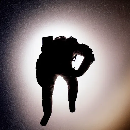 Image similar to astronaut silhouette with arms extended forward, bottom of arms lit by light coming from offcamera, light coming from below, dark background, lit from below, full body photo,, 8 k