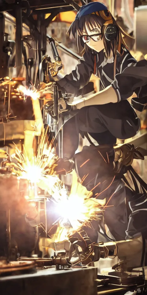 Image similar to Anime key visual of a steampunk girl welding metal in her workshop