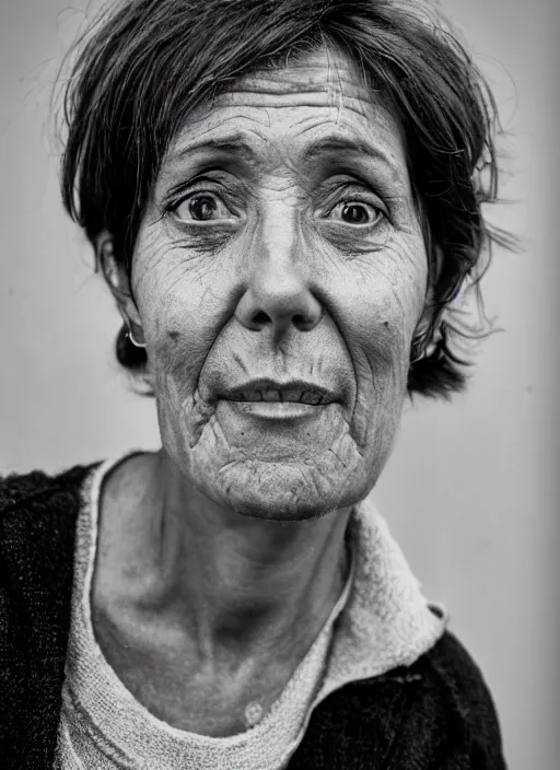 Image similar to Mid-shot portrait of a 50-year-old woman from Norway with short hair, candid street portrait in the style of Martin Schoeller award winning, Sony a7R