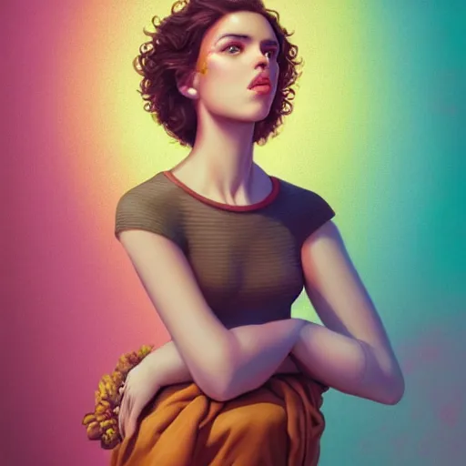 Image similar to Lofi vaporwave portrait beautiful woman with short brown curly hair, romanesque, rainbow, Pixar style, Tristan Eaton, Stanley Artgerm, Tom Bagshaw