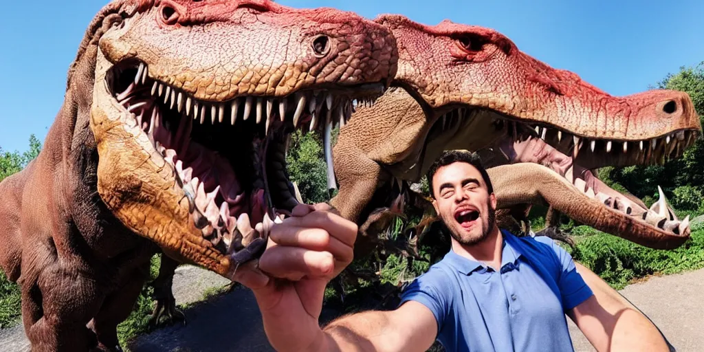 Image similar to a man taking a selfie beside a tyrannosaurus rex, award-winning photography, 8K UHD