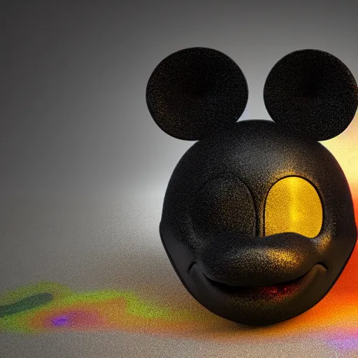 Prompt: counterfeit mickey mouse head, fractal, broken, psychedelic dystopia, wet, mycelium, radiant alien, rococo, baroque, automotive, bio-mechanical, porcelain, iridescent, sub surface scattering, octane render