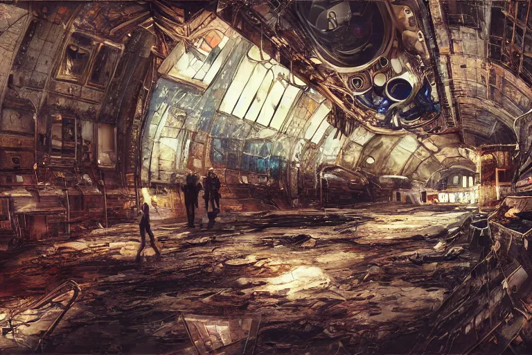 Prompt: A beautiful painting of inside in abandoned rusty space station from kindzadza, Trending on artstation, single astronaut standing and looking on camera