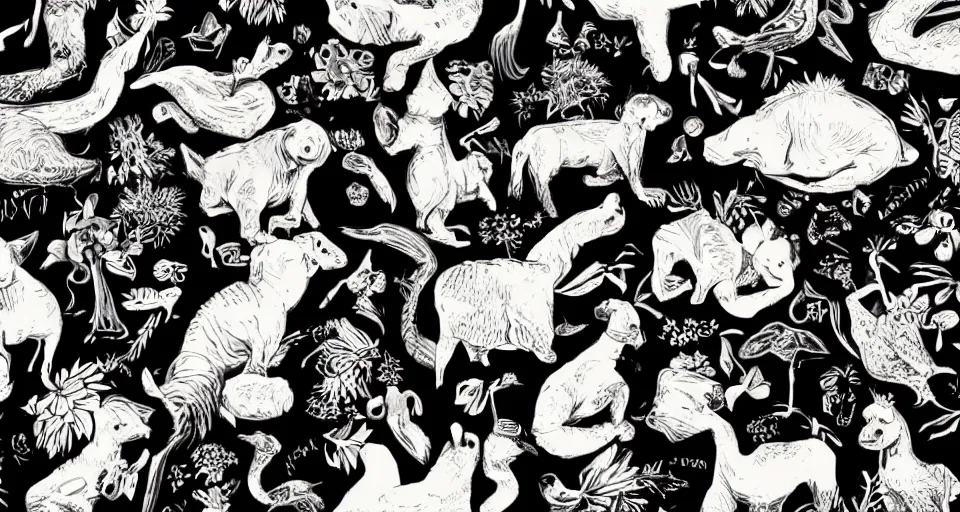 Prompt: cute animals and plants on a black background, wallpaper, Illustration, Anatomical Drawing, Painting