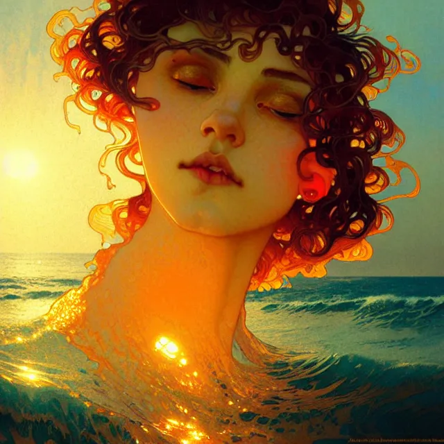 Image similar to backlit ocean waves of glossy kaleidoscopic liquid honey drops flowing like psychedelic translucent amber, lsd waves, lsd ripples, backlit, sunset, refracted lighting, art by collier, albert aublet, krenz cushart, artem demura, alphonse mucha