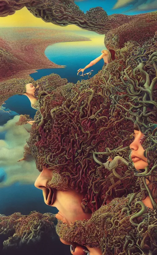 Prompt: ultrawide angle colour masterpiece surreal closeup portrait photography of the beatles by miho hirano and annie leibovitz and michael cheval, weird surreal epic psychedelic complex biomorphic 3 d fractal landscape in background by kilian eng and roger dean and salvador dali and beksinski, 8 k