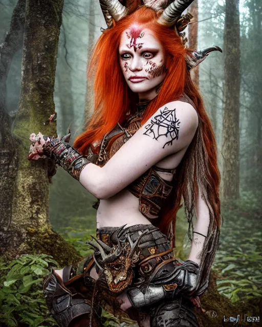 Image similar to 5 5 mm portrait photo of an armored gorgeous anesthetic redhead woman warrior with a face tattoo and horns growing from her head, and small dragon sitting on her shoulder in a magical forest in the style of stefan kostic, art by luis royo. highly detailed 8 k. intricate. lifelike. soft light. nikon d 8 5 0. cinematic post - processing