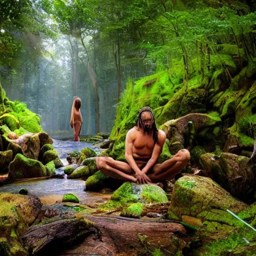 Image similar to gods in forest, three eyed, wide shot, feet in water, vivid colors, foreheads with eyes, ground very detailed, wet eyes reflecting into eyes reflecting into infinity, natural lighting