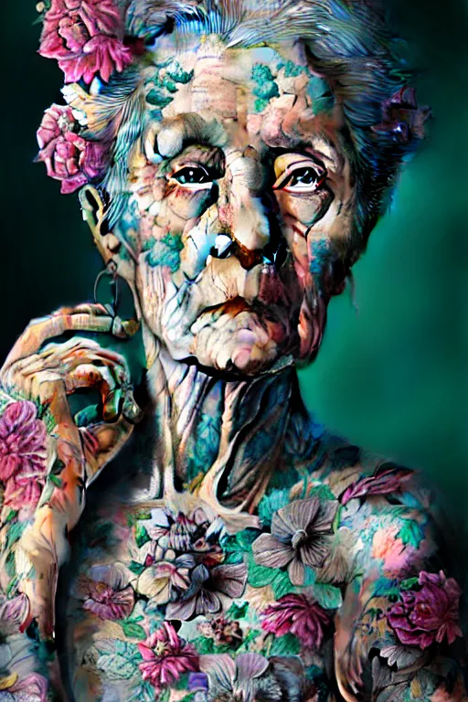 Prompt: hyperrealistic hyper detailed close-up portrait of old woman covered in rococo flower tattoos matte painting concept art hannah yata very dramatic dark teal lighting low angle hd 8k sharp 35mm shallow depth of field
