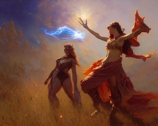 Image similar to sorceress casting powerful meteor spell in the plains. highly detailed painting by gaston bussiere, craig mullins, j. c. leyendecker 8 k