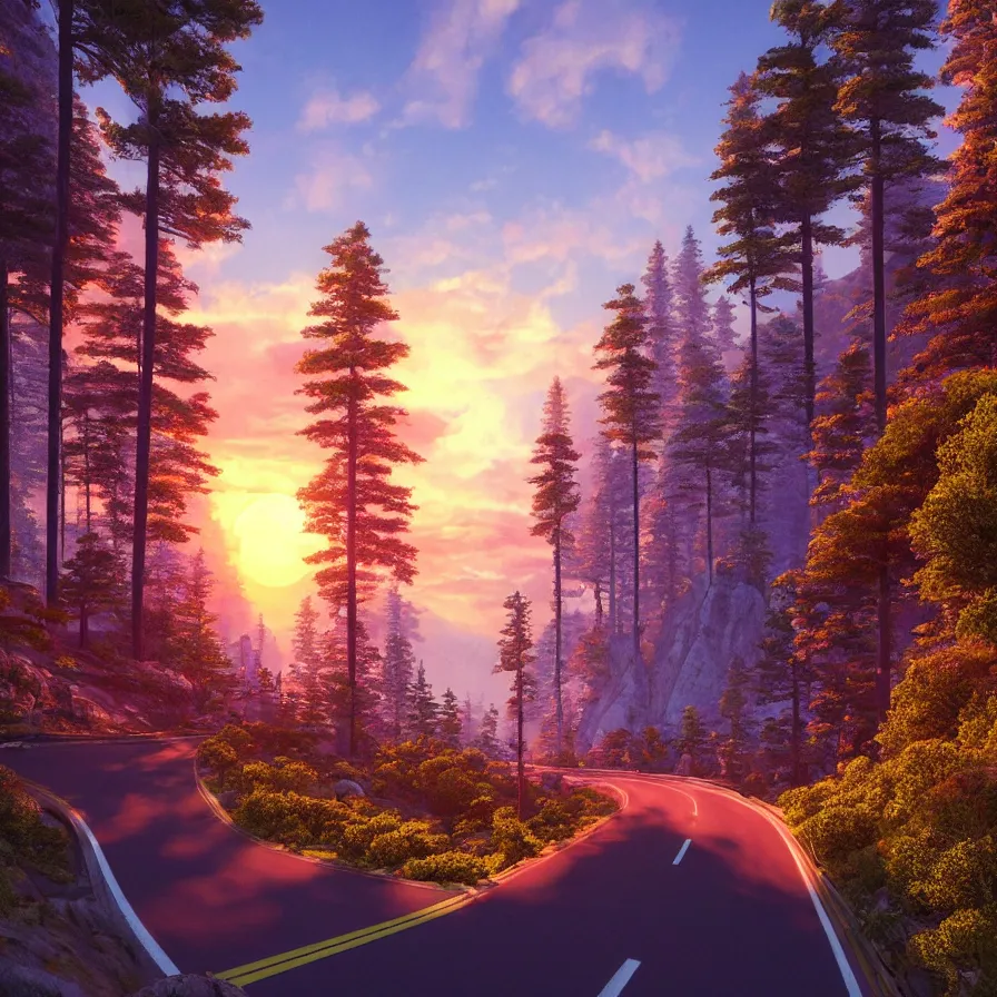 Prompt: intricate rendering of a highway road leading to the horizon through a thick pine forest down a rocky mountain coast, the sunset is a giant sun. atmospheric good vibes. colorful psychedelic, ultra realistic, concept art, modern art, photorealistic, octane render, 8 k, unreal engine. art by nori inoguchi and sam kaplan and zachary goulko and christopher marley