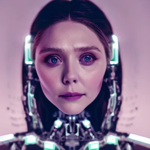 Prompt: beautiful centered Fine art photo portrait of enraptured Elizabeth Olsen as a solarpunk robotic humanoid, white mechanical parts with led lights, photorealistic, white background, highly detailed and intricate, sunset lighting, HDR 8k