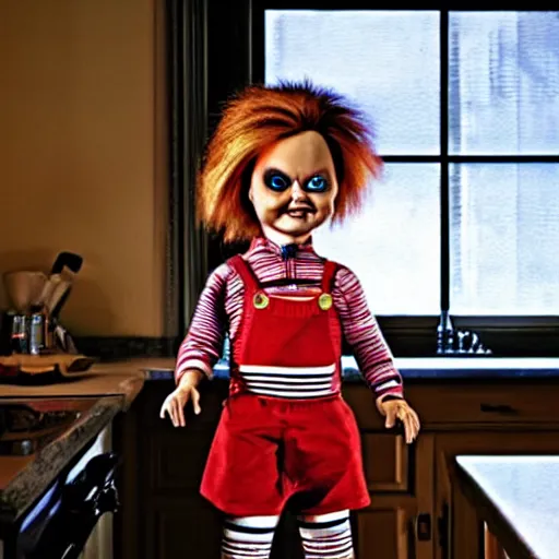 Image similar to chucky the killer doll standing on the kitchen table