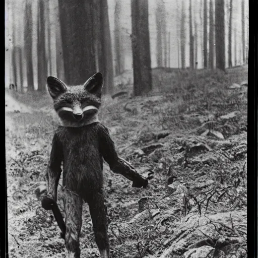 Image similar to humanoid fox doing fieldwork, 1910s film still