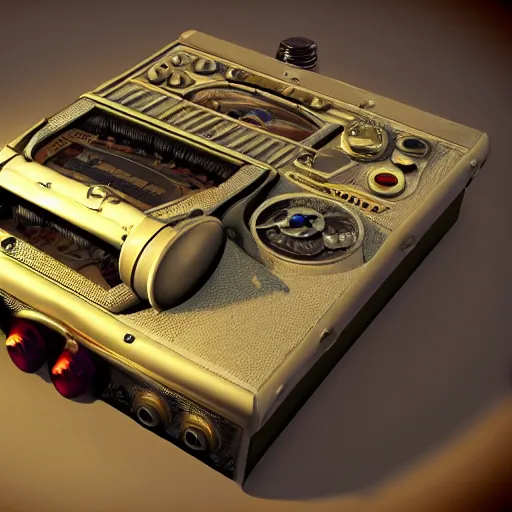 Image similar to steampunk tape recorder, fisheye, digital art, 8k, fine details, trending on artstation