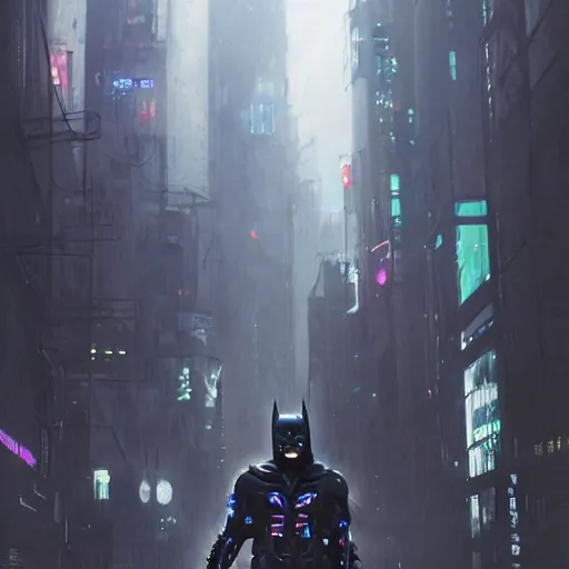 Image similar to cyberpunk batman with fullface mask, wide shot, moody, futuristic, city background, brush strokes, oil painting, greg rutkowski