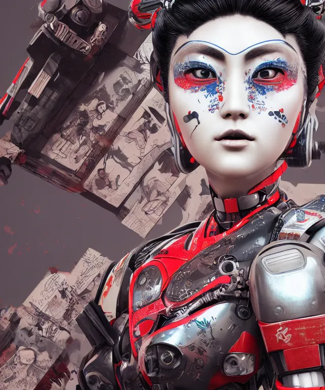 Image similar to an epic fantastic realism comic book style portrait painting of a japanese robotic geisha with kanji tattoos and decals, apex legends, octane render, intricate detail, 4 k hd, unreal engine 5