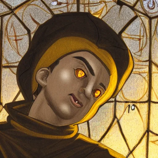 Image similar to Close-up of a terrified young catholic priest at the top of a medieval tower watching in fear as an ominous yellow shadow descends upon him from the night sky. He is fervently praying but his eyes are wide open with fear. Low angle angle, dramatic lighting. Award-winning digital art, trending on ArtStation