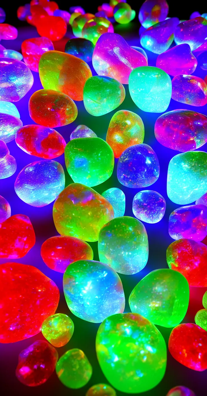 Prompt: realistic photo of multi colorful big transparent stones, glowing light from behind, very sharp focus, in the style of greg rutswoski, very hyper realistic, highly detailed, fantasy art station