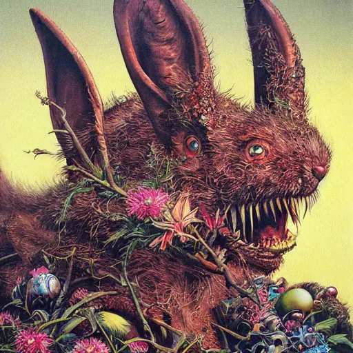 Prompt: realistic detailed image of a Easter Bunny Monster by Ayami Kojima, Amano, Karol Bak, Greg Hildebrandt, and Mark Brooks, Neo-Gothic, gothic, rich deep colors. Beksinski painting, part by Adrian Ghenie and Gerhard Richter. art by Takato Yamamoto. masterpiece