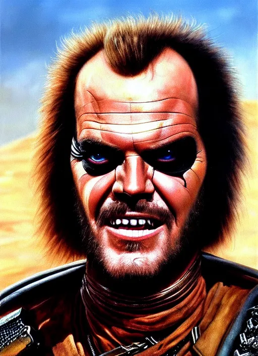 Prompt: portrait of young 1 9 7 0 s jack nicholson as villain warlord in mad max 2 : the road warrior, film still, detailed realism face in painting, detailed beautiful portrait, oil painting masterpiece, 8 k resolution, smooth, sharp focus, trending on artstation, by rembrandt