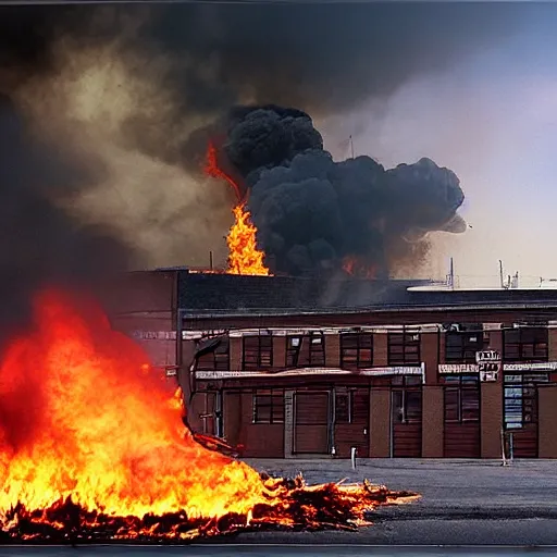 Image similar to burning warehouse with giant sign that says “ ozon ”, realistic photo