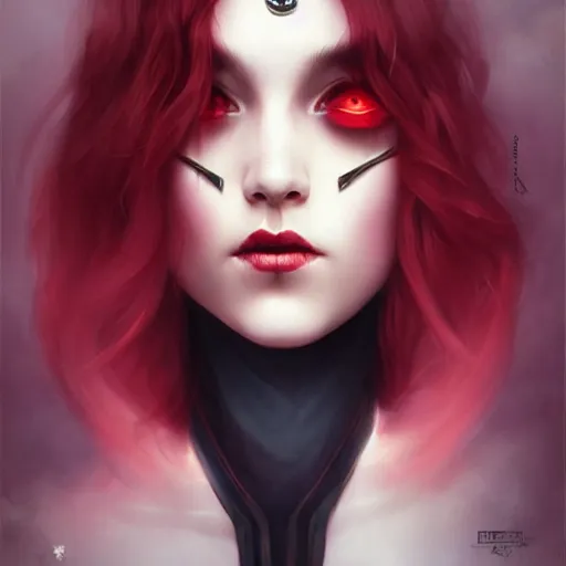 Prompt: princess of darkness, style of tom bagshaw, artgerm comic, piercing eyes, long glowing red hair, cinematic, highly detailed, award winning